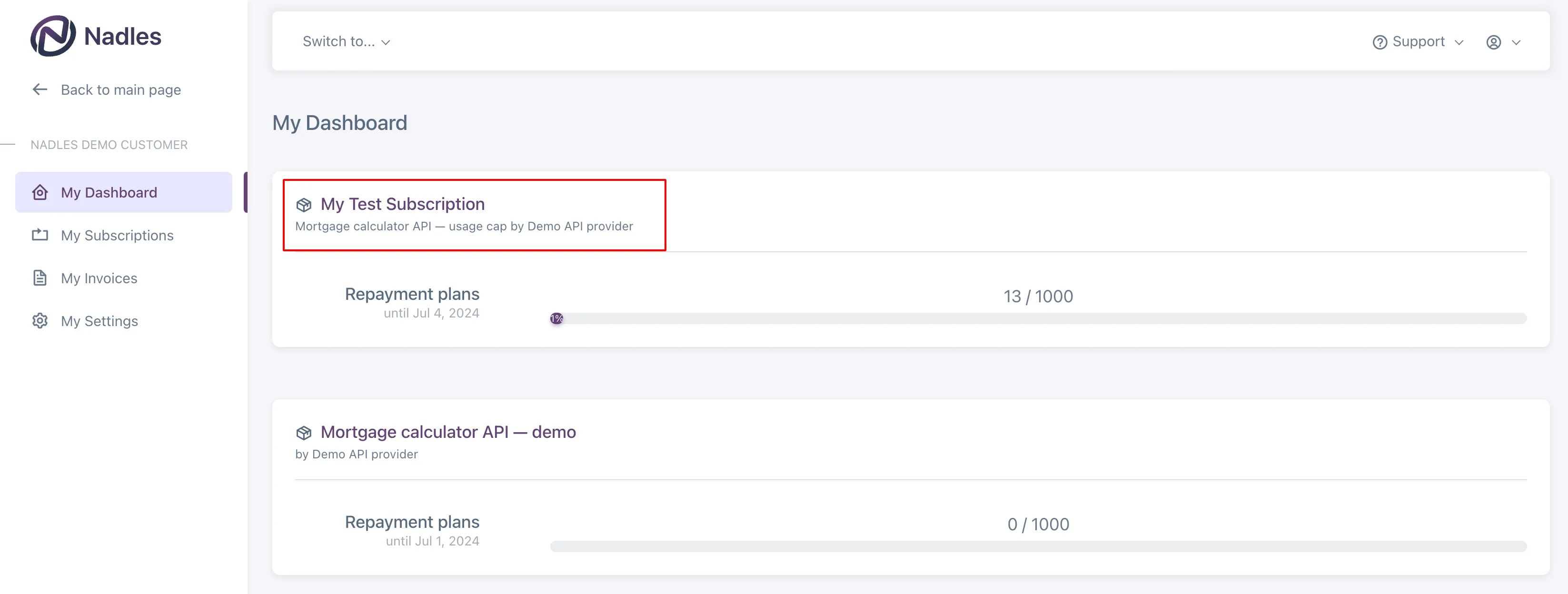 The first subscription has a custom name set by the user