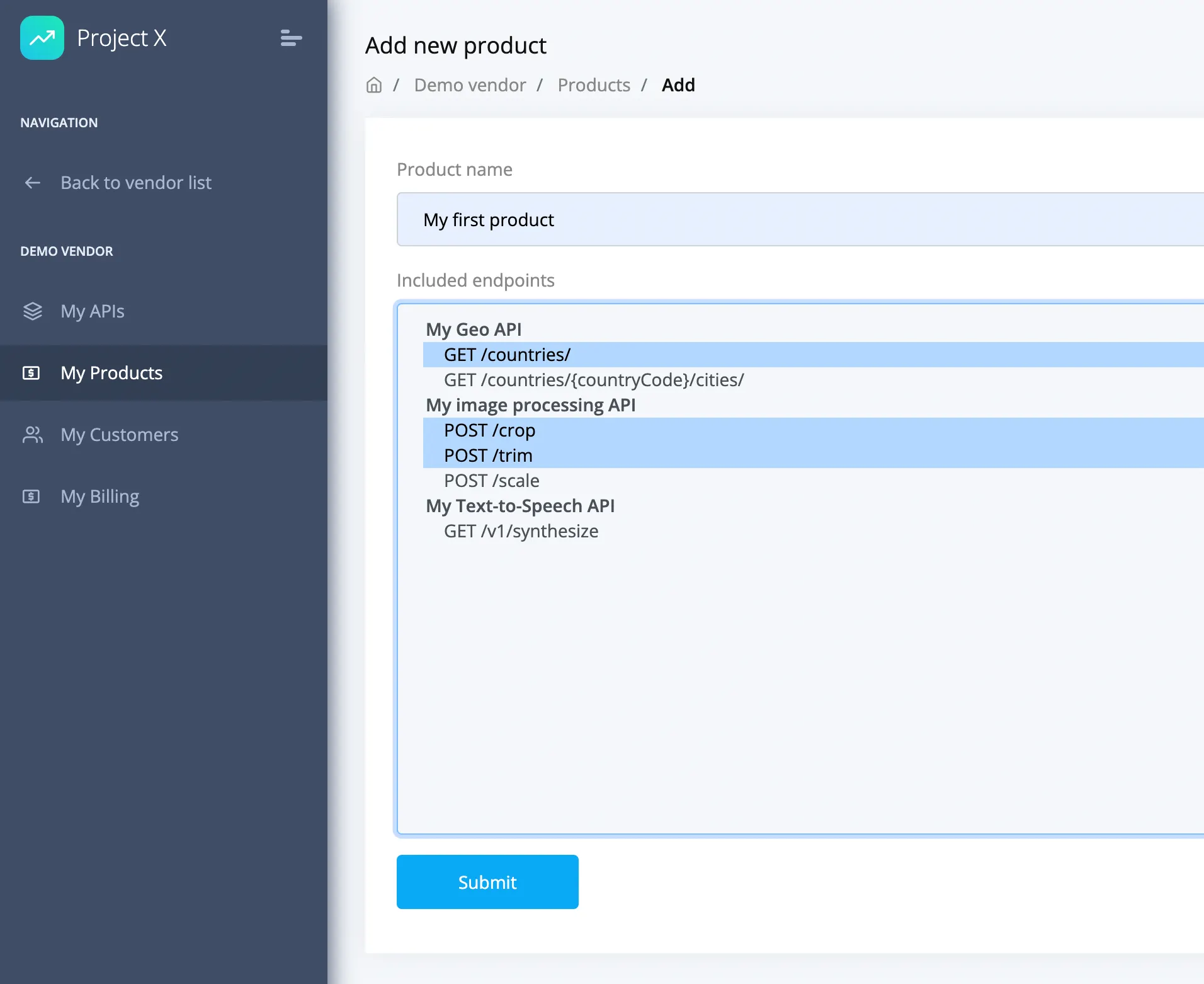 Selecting endpoints from different APIs to be included in the product